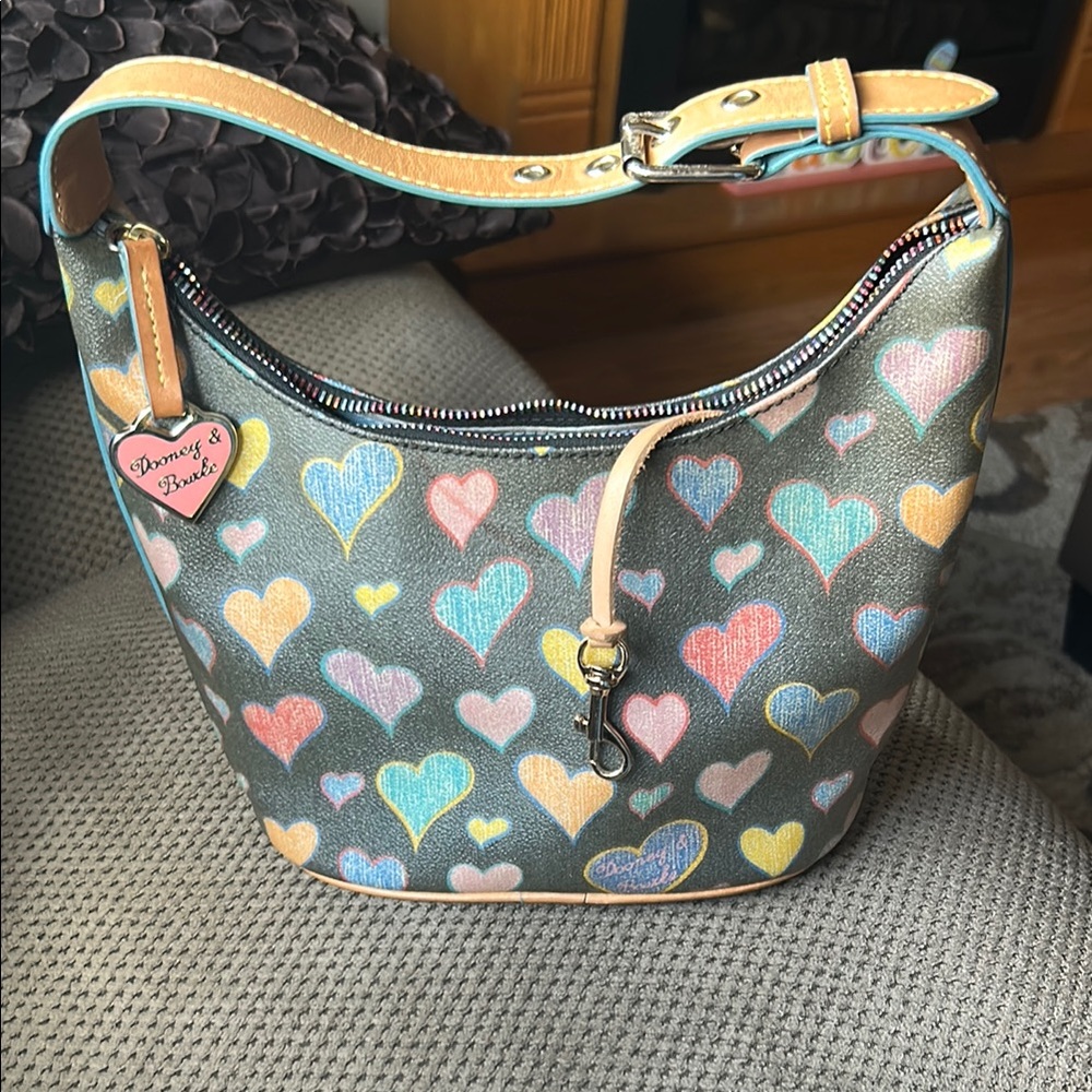 Dooney & Bourke Gray and Pink Hobo Bag with Heart Pattern
